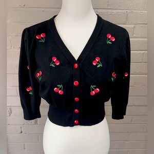 Cherry Embroidered Black Cardigan Sweater  M-L